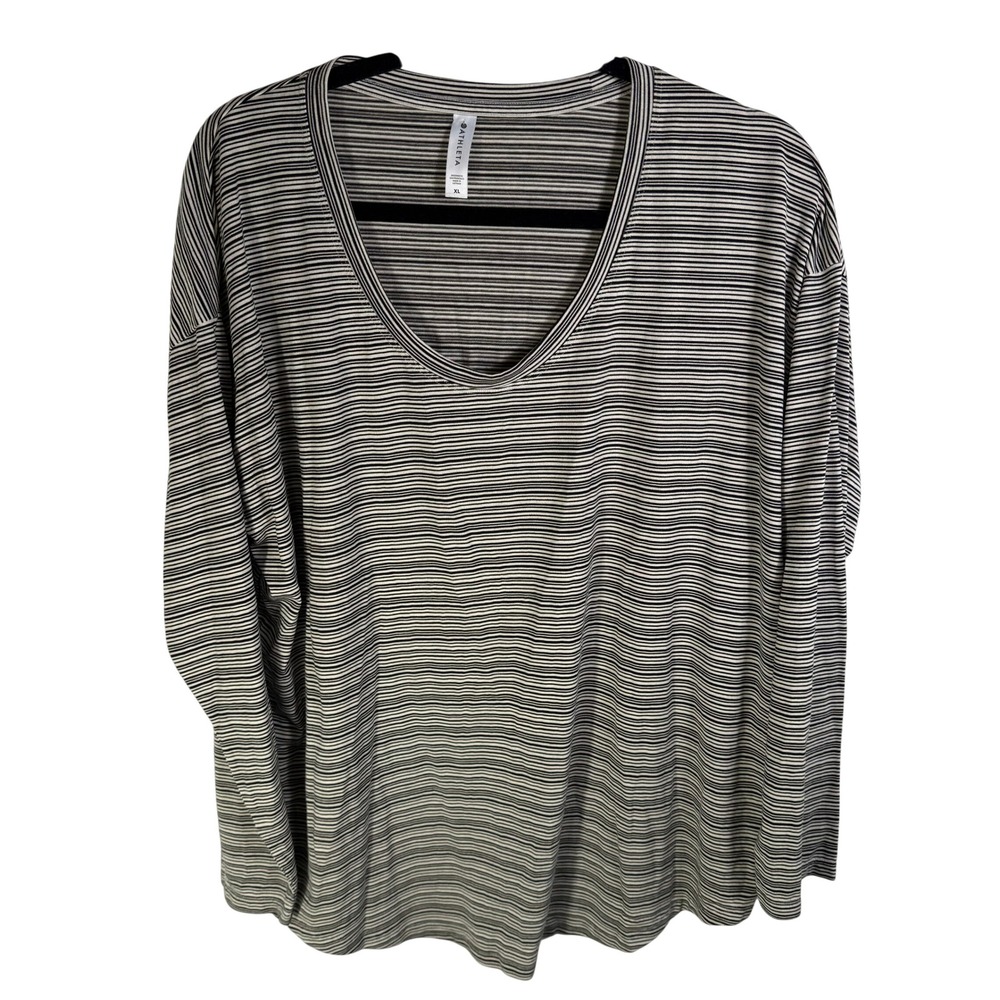 Athleta Womens XL Black White Striped Scoop Neck Long Sleeve Relaxed Top 657835